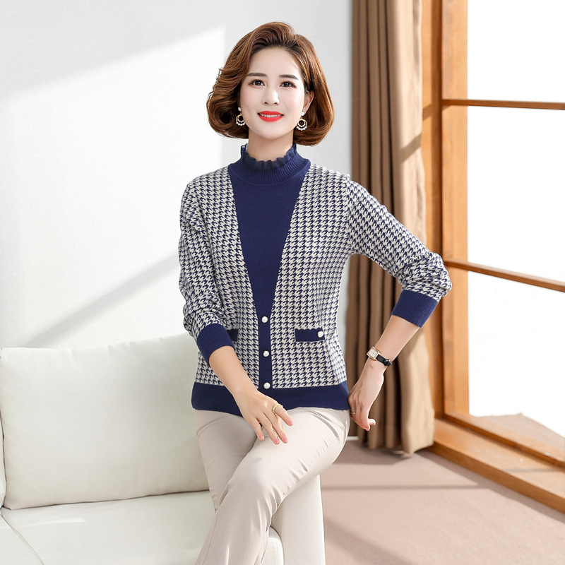 妈妈秋装千鸟格拼接套头毛衣中老年女气质针织上衣时尚长袖打底衫