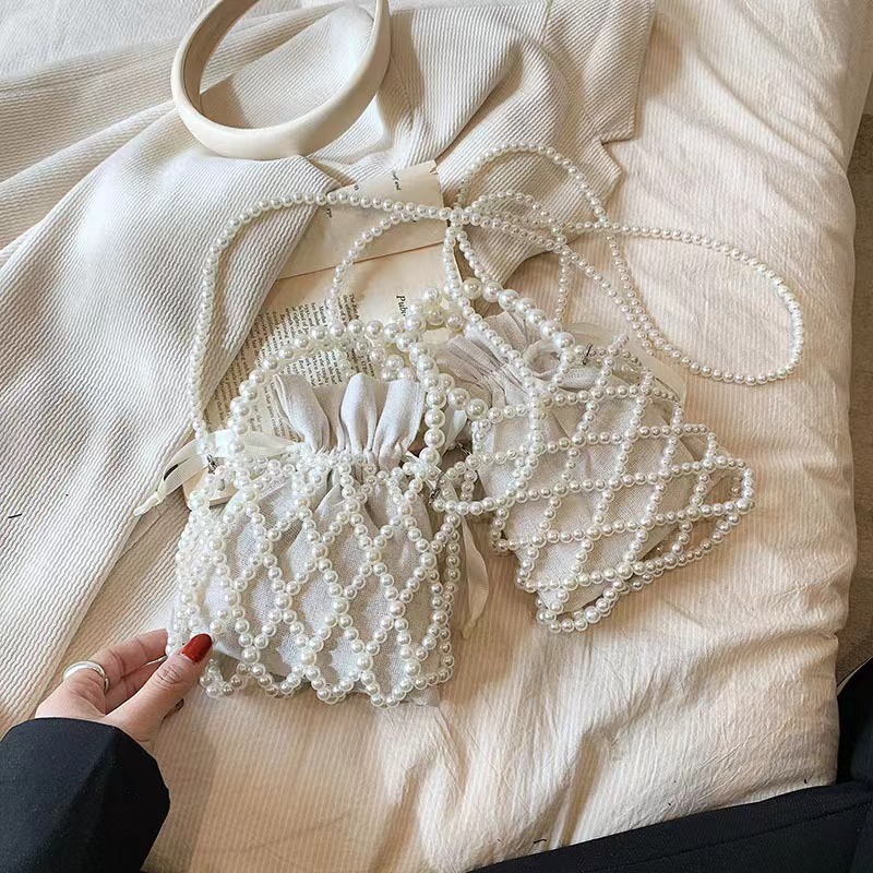 Summer Vintage Knot Beaded Girl Heart Pearl Bag French Personality Hollow out Fashion Women's Bag Shoulder Crossbody Bag women bag