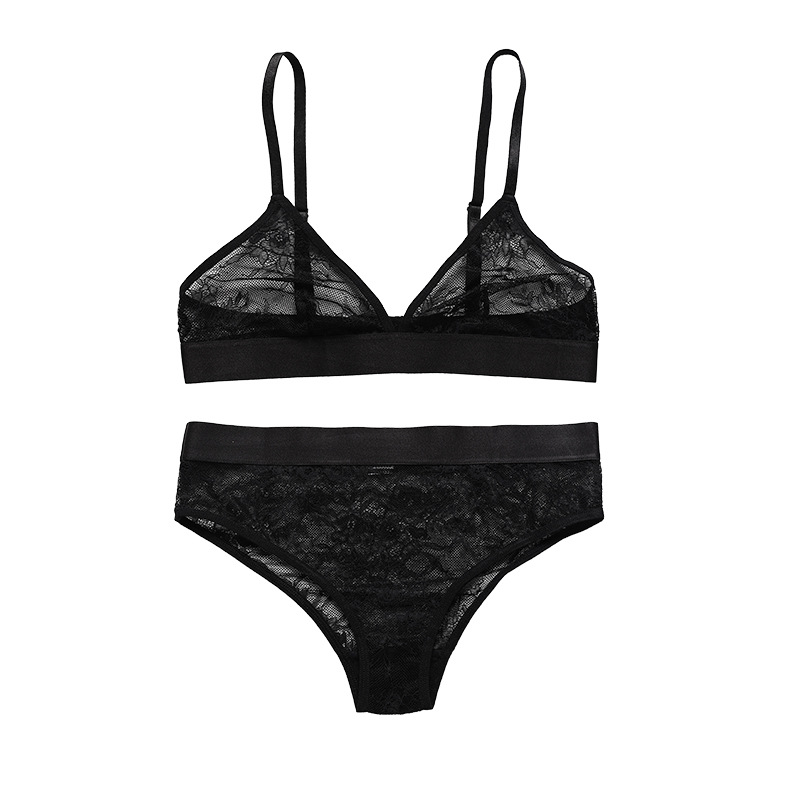 Cross-Border Underwear Suit Women's Sexy Lace Untra Thin Transparent Temptation Sexy Gather Comfortably Wireless Bra Set Suit