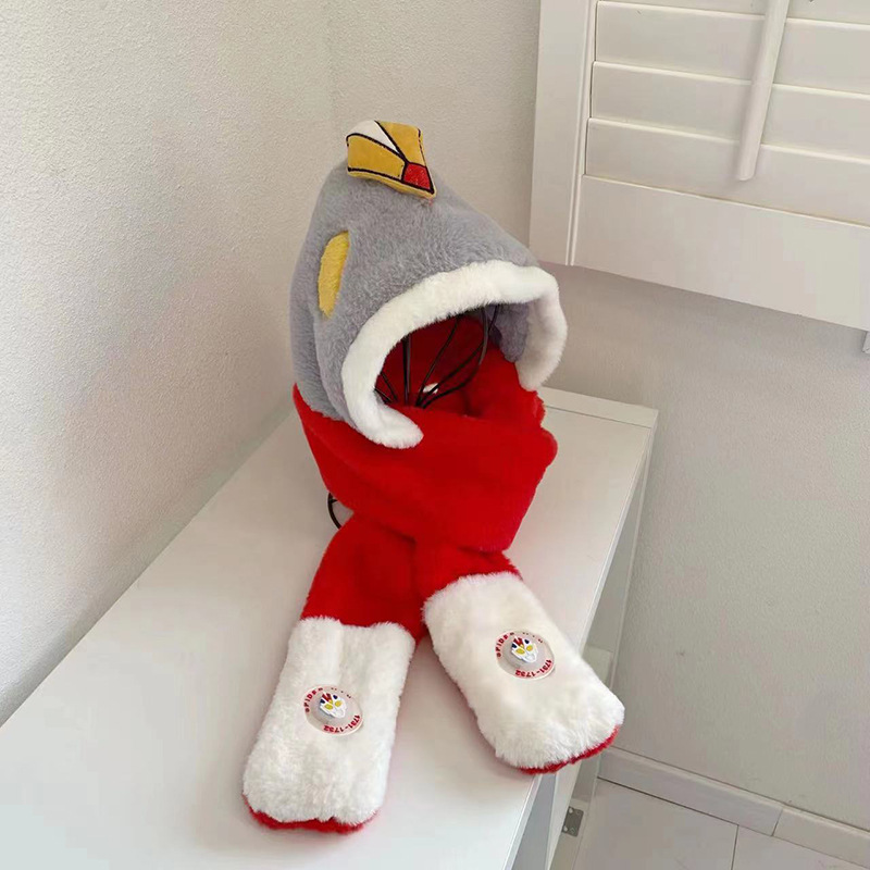 Children's New Hat Three-Piece Winter Cartoon Scarf Boys' Cute Thickening Plush Scarf Gloves