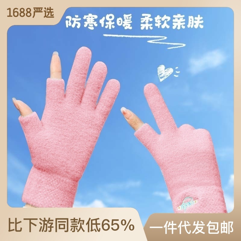 Autumn and Winter Gloves Women's Knitted Cold-Proof Warm Cycling Driving Students Fleece-Lined Open Finger Touch Screen Gloves