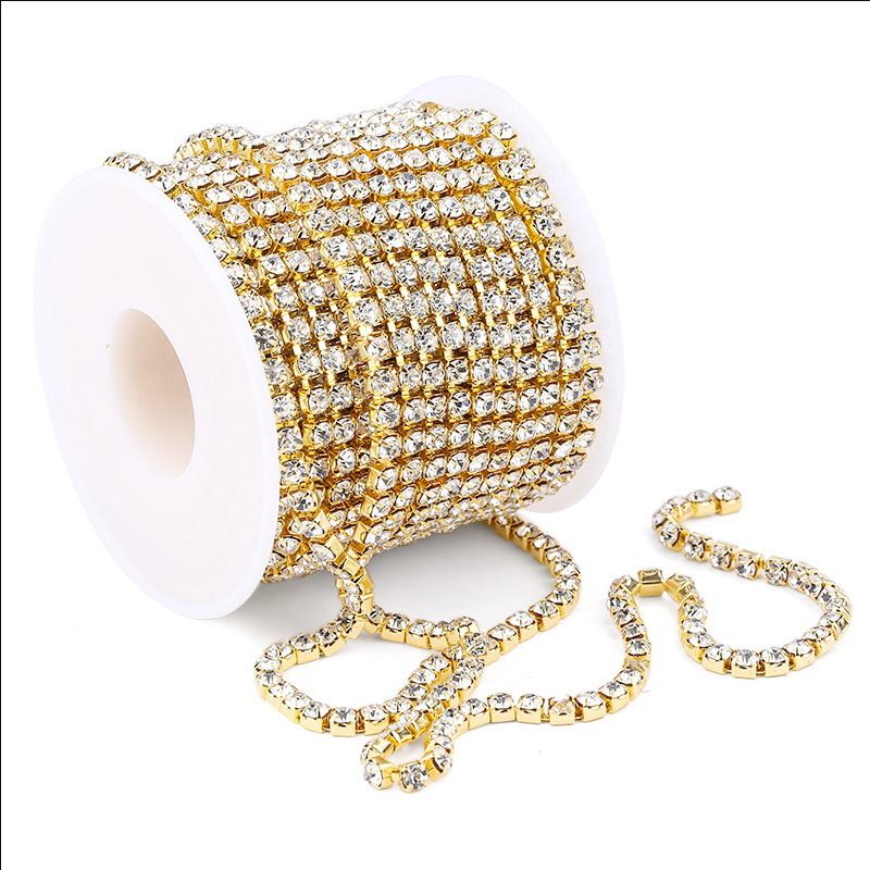 Cross-Border New Supply Metal Rhinestone Grab Chain DIY Ornament Accessories Claw Chain Bead Necklace a Roll of Gold Silver White AB Diamond