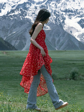 韩系复古红色抹胸吊带连衣裙女高腰设计感不规则性感纯欲鱼尾长裙