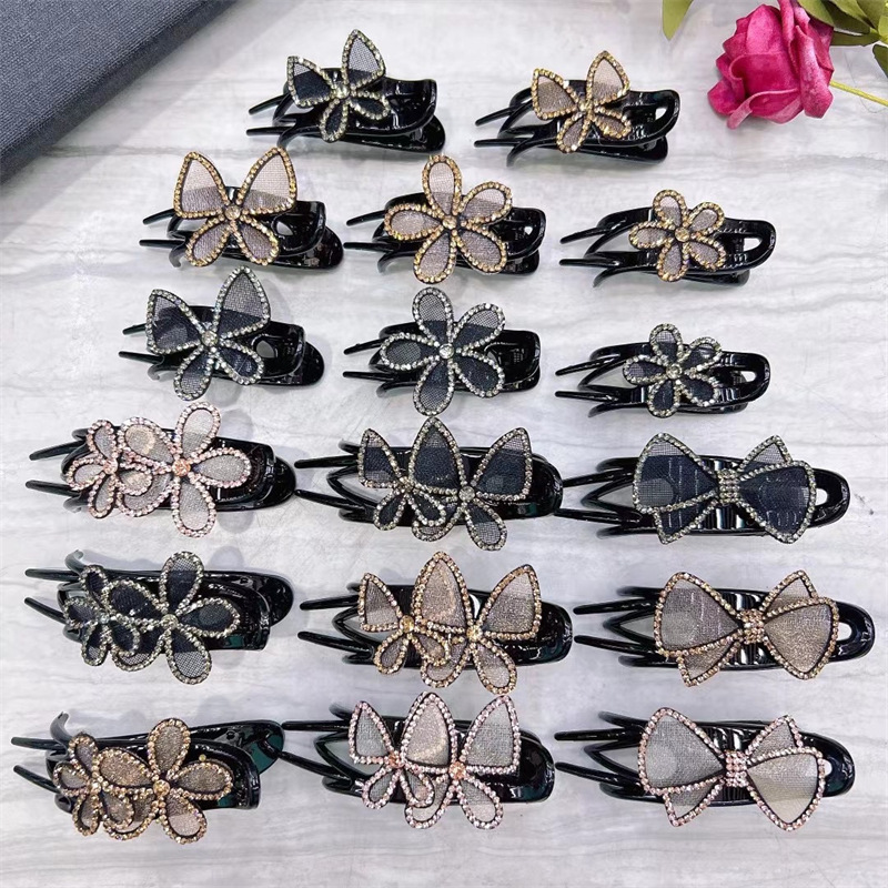 韩版欧根纱镶钻三齿夹燕尾夹蝴蝶花朵夹子盘发夹头饰品发夹子抓夹