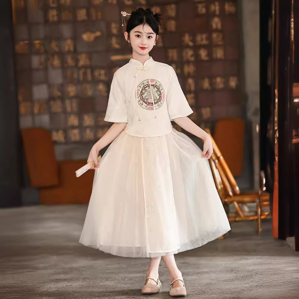 女大童夏季连衣裙2024新款初中生女生汉服淑女风纱裙套装女孩裙子