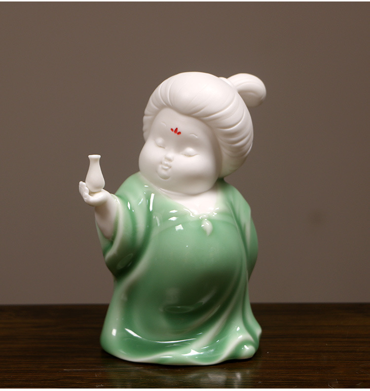 唐代仕女小胖妞青瓷人物摆件陶瓷工艺品新中式可爱简约酒柜装饰品