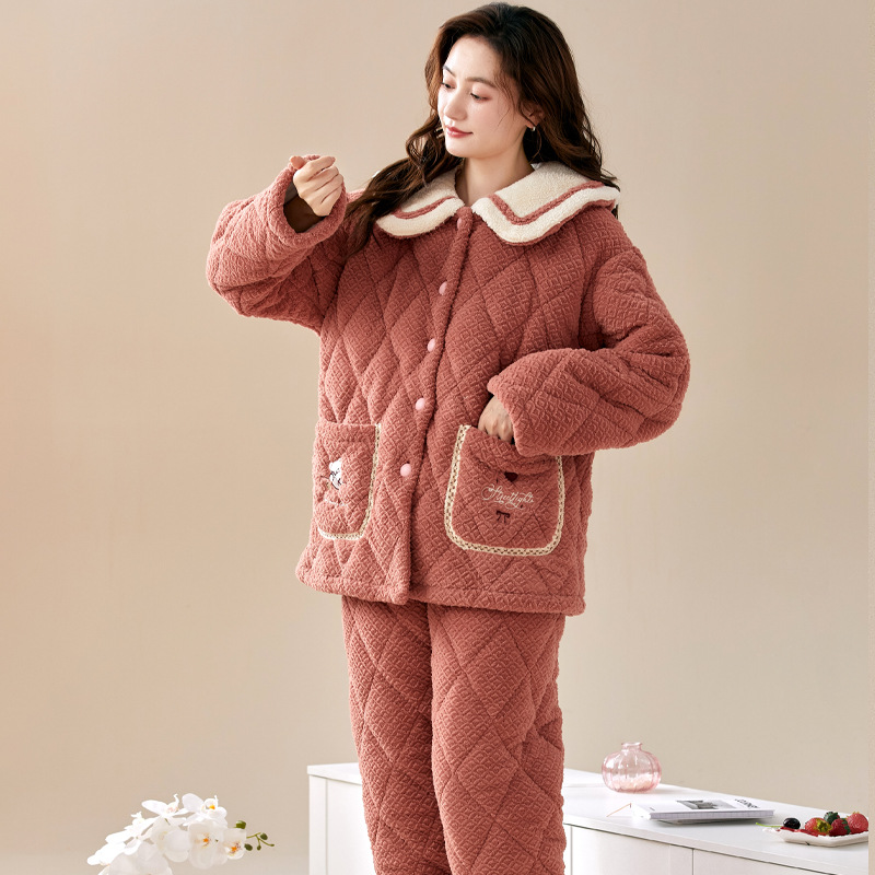 女款睡衣冬季三层加厚珊瑚绒夹棉加大码开衫翻领家居服套装-阿里巴巴