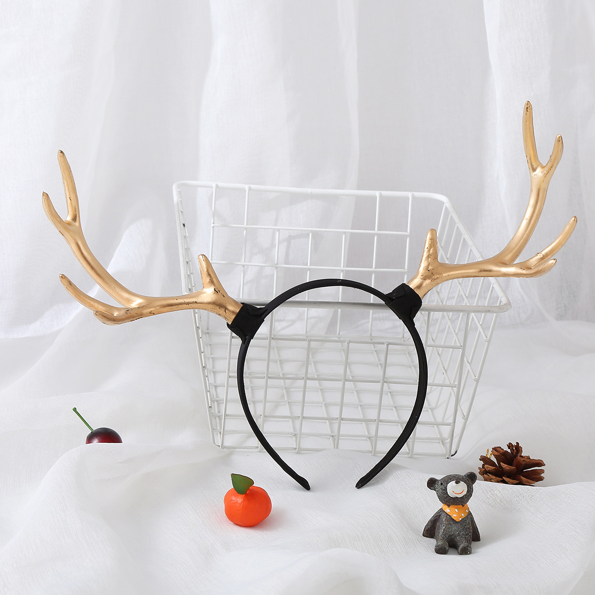 圣诞万圣超大金色牛角头饰暗黑色仿真麋鹿角发箍森女拍照舞会批发