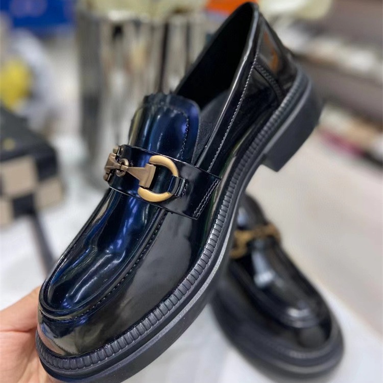 7401女春季新款英伦风马衔扣真皮粗跟厚底一脚蹬乐福鞋单鞋3119-2