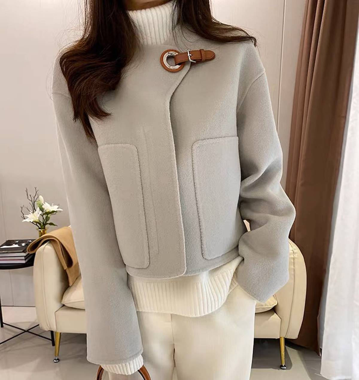 81w !环饰皮扣圆领羊毛双面呢短大衣外套女-阿里巴巴