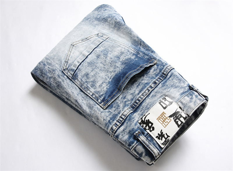   Foreign Trade Style Punk Trendy Vintage Blue Ripped Slim Stretch Feet Washed Printed Men's Jeans 3280