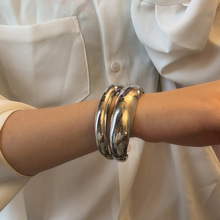 欧美小众设计感金属质感光面双圈宽版手镯冷淡风个性轻奢开口手环