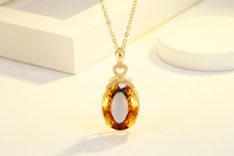 简约镶嵌黄锆石镂空心形黄水晶吊坠镀金爱心形爪镶镂空项坠吊坠子