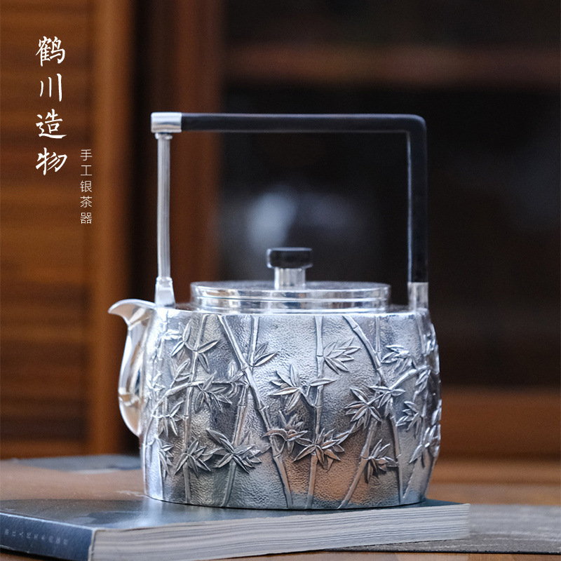 纯银999烧水壶纯手工雪花银家用功夫茶具枞灵式刻绘提梁煮水银壶