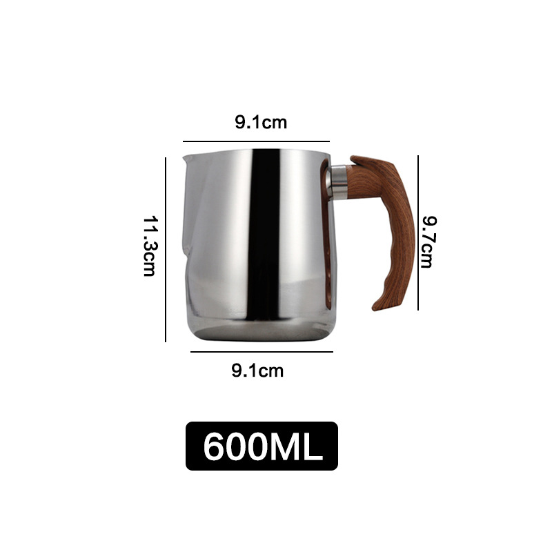 Hz482 Stainless Steel 304 Pointed Steam Pitcher Wood Grain Handle Scale Measuring Cup Coffee Frothing Pitcher Dozen Milk Frothing Cup