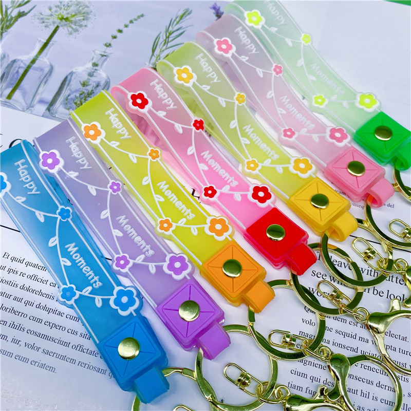 Pvc Soft Glue Transparent Candy Color Flower Happy Moments Keychain Lanyard Hand Rope Quicksand Bottle Small Pendant