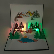 圣诞节吹气开关七彩音乐灯光3D立体贺卡厂家直销印刷镂空雕刻跨境