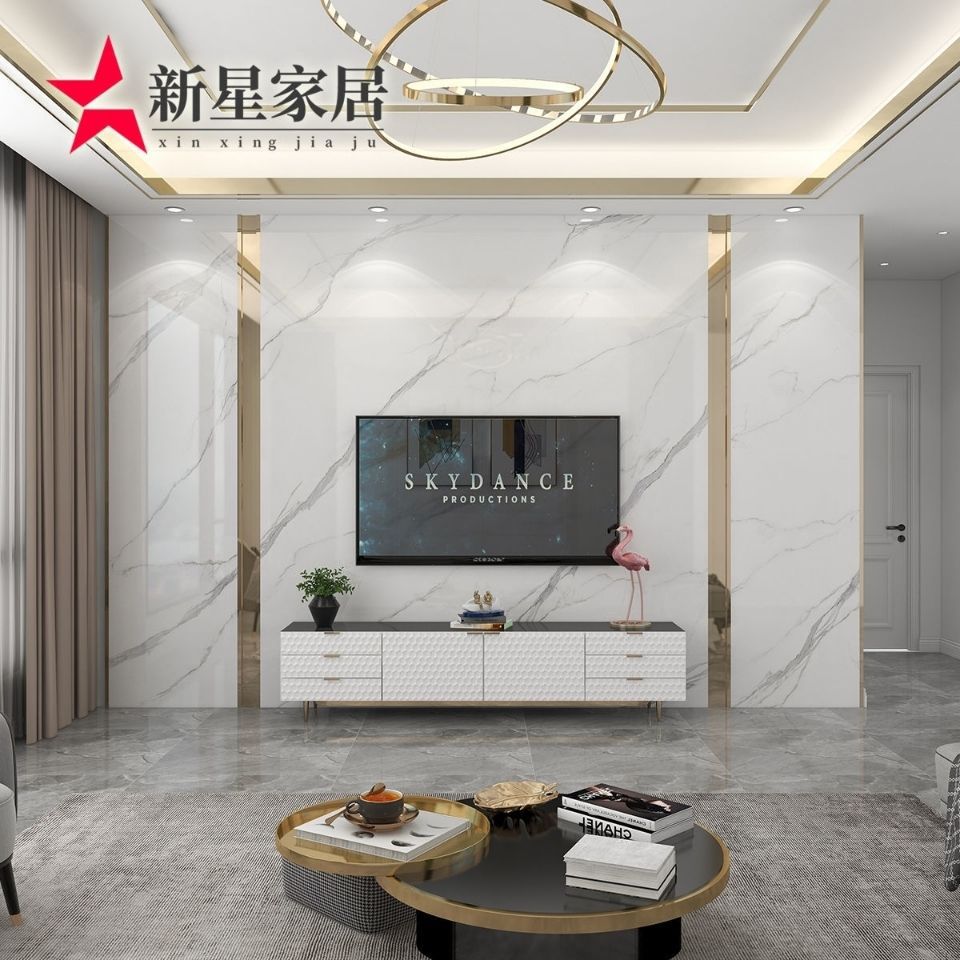 简约轻奢岩板客厅电视机背景墙瓷砖大板800x2600木格栅现代影视墙