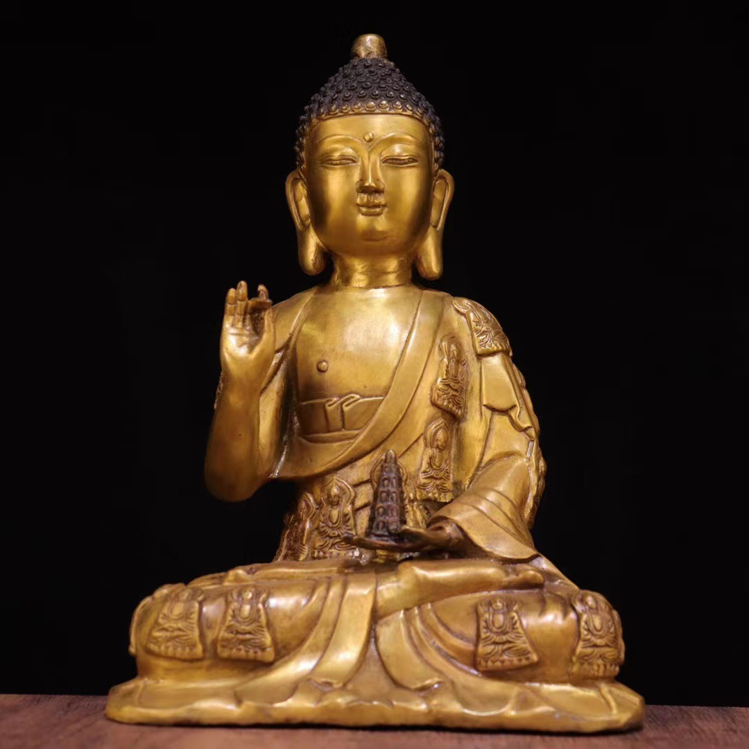 释迦牟尼佛佛像摆件黄铜鎏金密宗佛堂居家供奉藏传释迦摩尼三宝佛