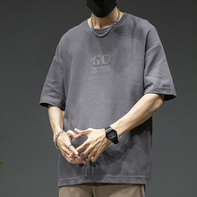 夏季灰色套头短袖t恤男宽松潮牌ins半袖大码胖子加肥加大潮流体恤