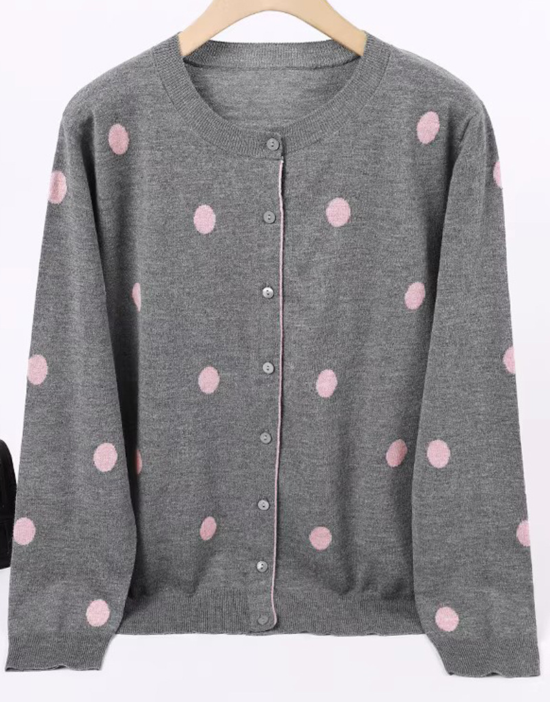 春秋薄款波点女桑蚕丝长袖圆领开衫外套真丝针织衫棉羊绒毛衣上衣