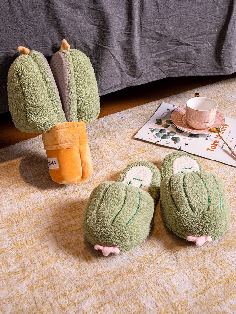 ins创意卡通仙人掌情侣家居拖鞋毛绒地板拖保暖静音防滑拖鞋跨境