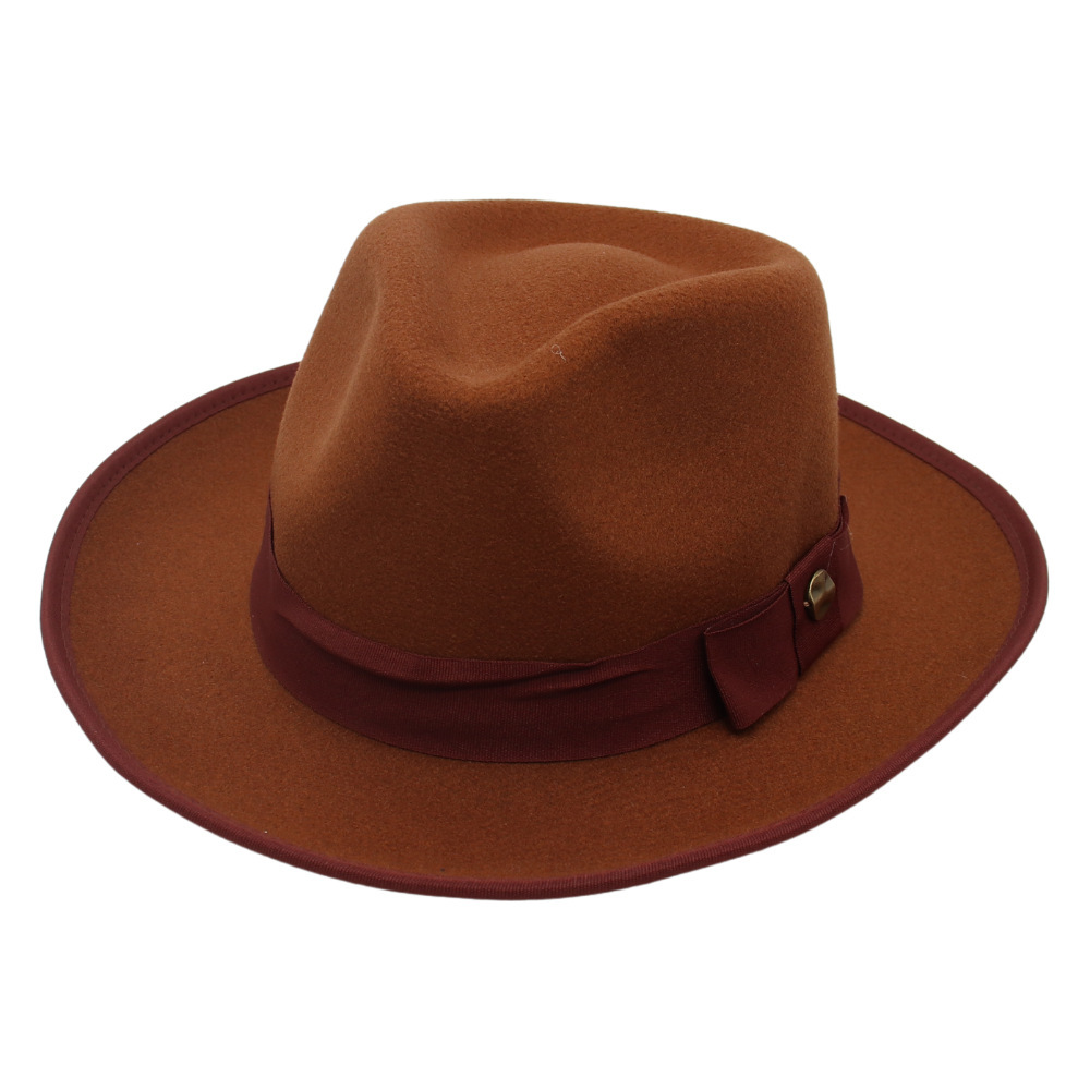 外贸宽檐礼帽桃心顶爵士帽男女包边毡帽羊毛呢帽子卷边蝴蝶结跨境