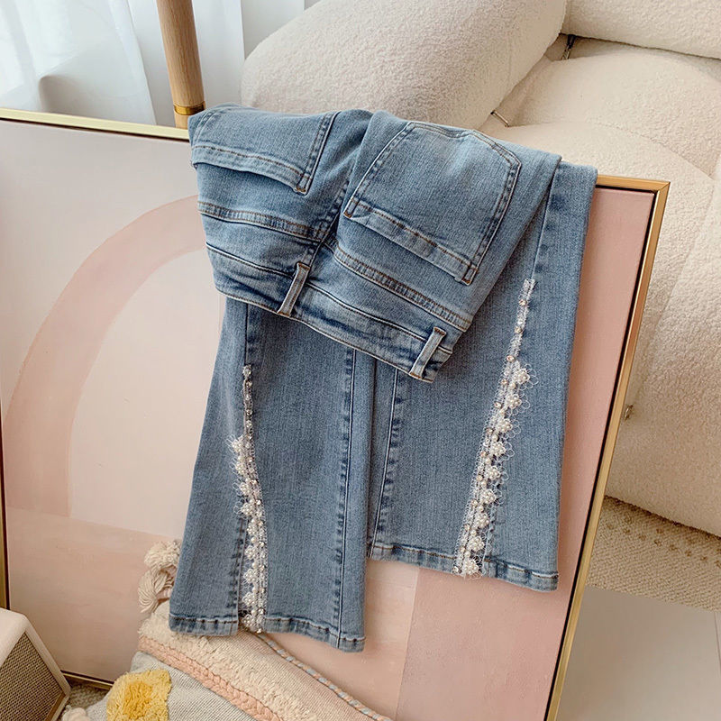 Light Color High Waist All-Matching Skinny Jeans Women's Front Slit Heavy Industry Niche Design Beaded Burrs Slimming Stretch