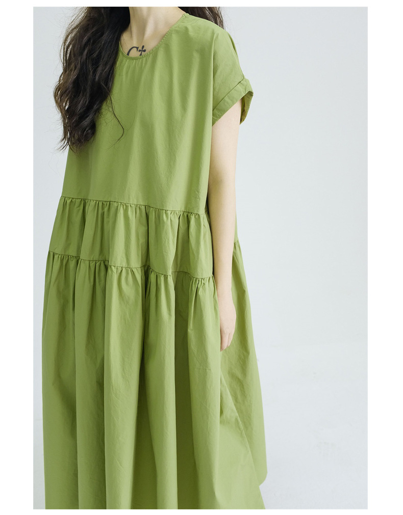 全棉质感豆绿色小清新连衣裙气质袖口翻边大码宽松裙子女夏220626