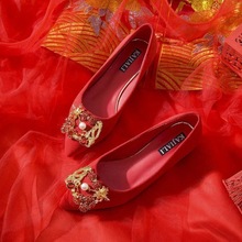 婚鞋红色结婚孕妇女新款踩堂新娘鞋低跟高跟粗跟红鞋平底秀禾单鞋
