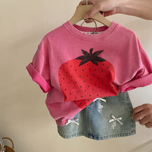 卡通草莓大版T恤上衣2024夏季新款设计感蝴蝶结洒金牛仔半裙套装