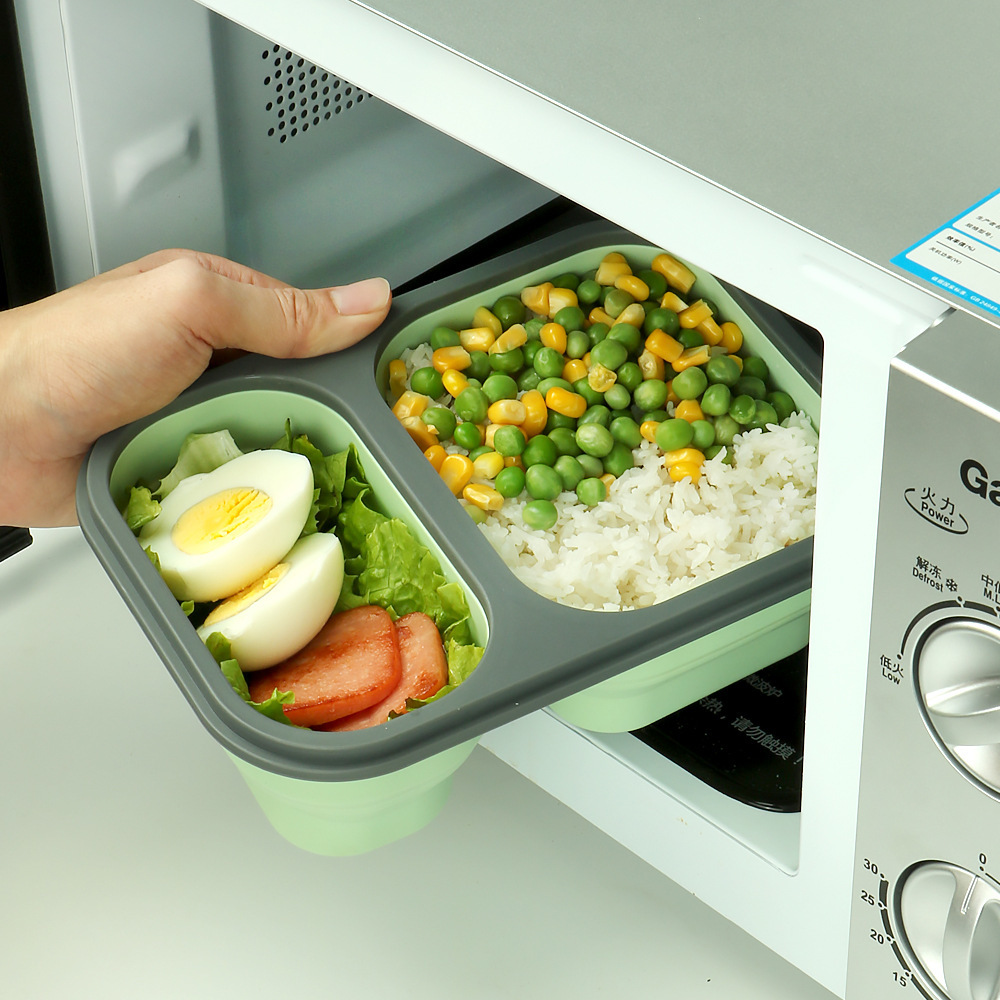 微波炉便当盒硅胶折叠饭盒长方两格大容量保温食堂便携快餐盘防漏