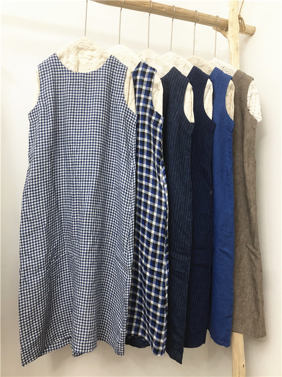 日本潮牌 圆领套头后开叉  清爽透气亚麻背心裙 6色