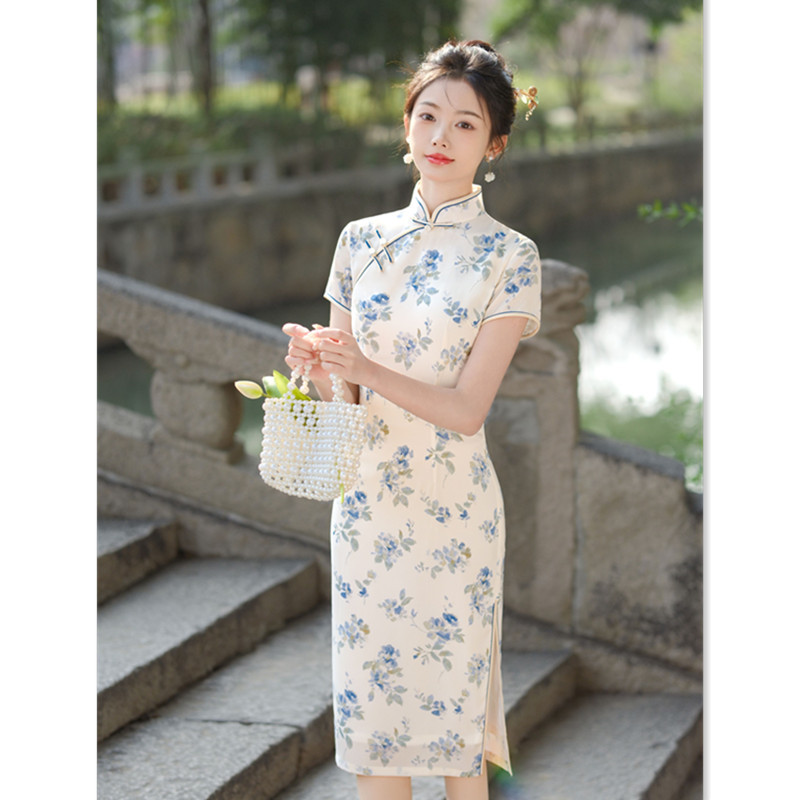 复古国风中长款双层短袖旗袍2024春夏新款年轻女士日常中式旗袍裙