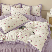 韩式花边磨毛床上四件套纯色床单被套四季通用小清新床裙ins少女