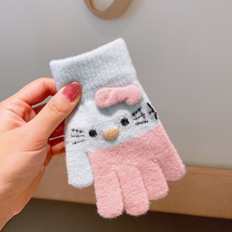 Children's Knitted Crystal Velvet Warm Gloves Cute Cat Heart Five-Finger Little Girl Writing Cold-Proof Gloves 5-10