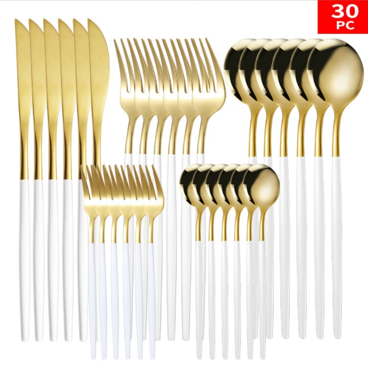 Stainless Steel Knife and Forks 30-Piece Set Portuguese Tableware Golden Set Creative Western Food Steak Knife, Fork and Spoon