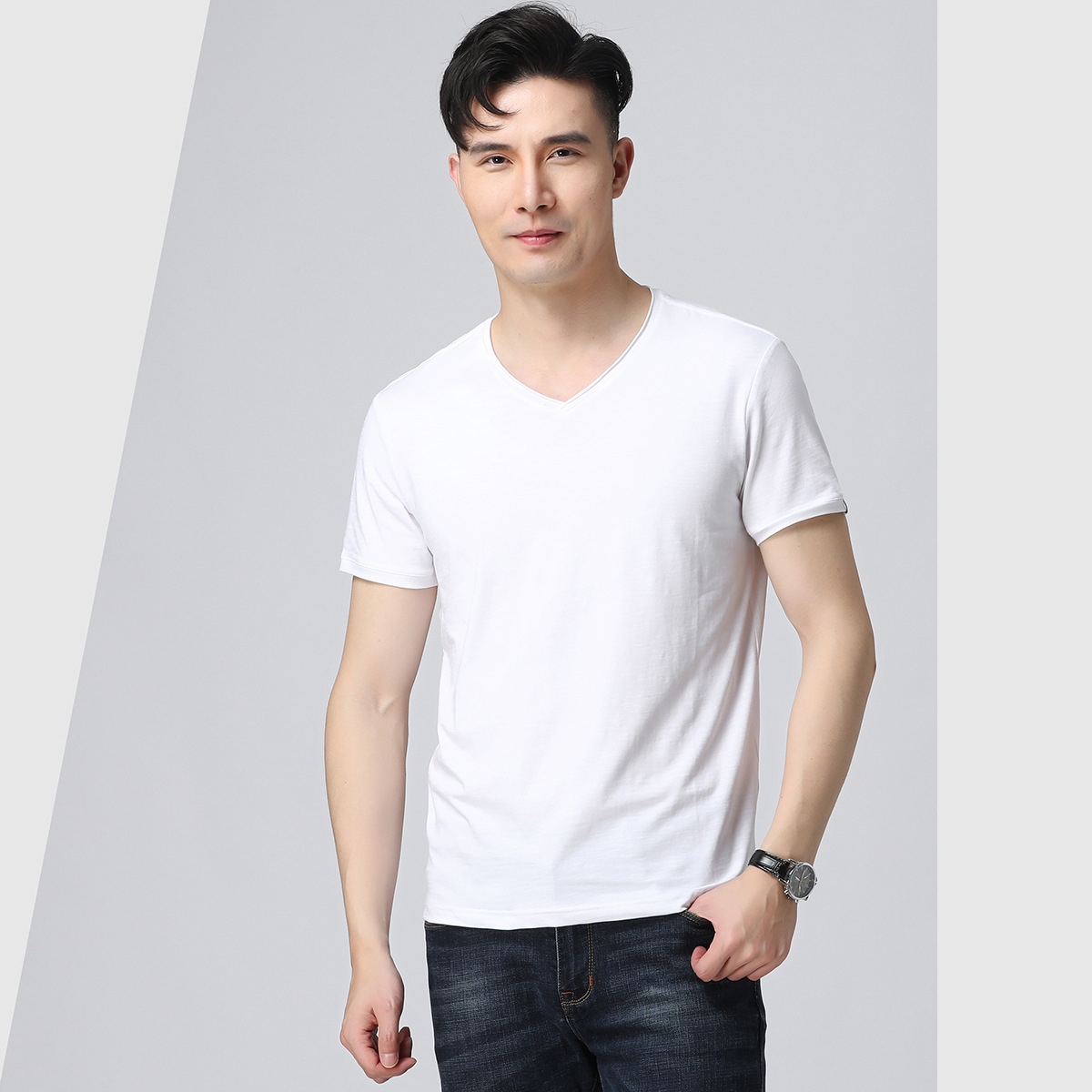 品牌剪标夏季男士净色v领简约清爽百搭打底休闲短袖t恤衫t2t027