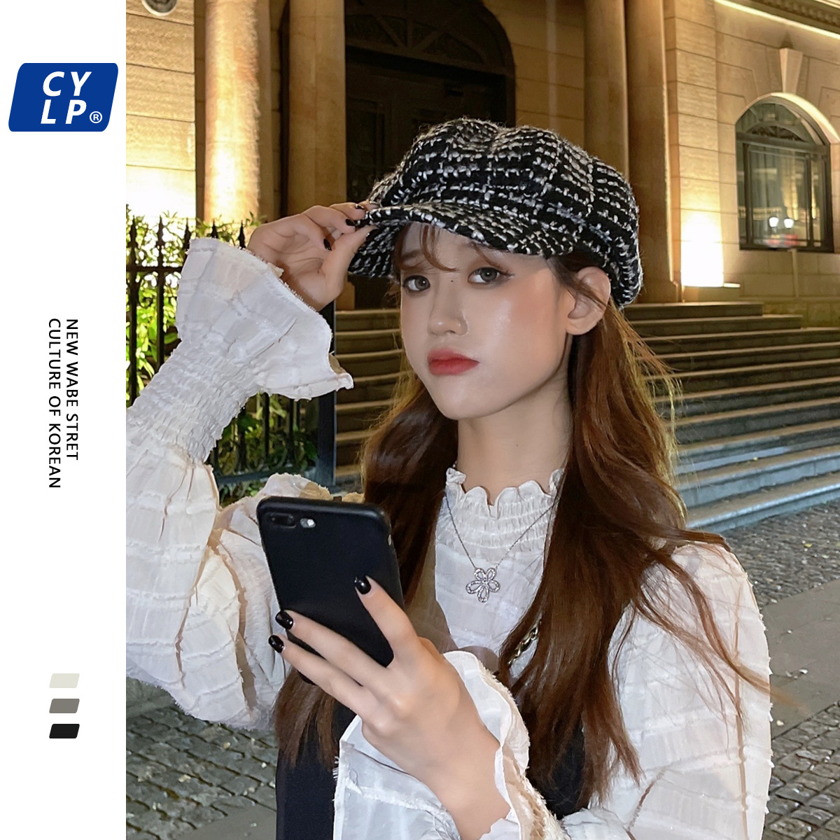 帽子女秋冬韩版小香风格毛呢格子贝雷帽女网红逛街凹造型八角帽潮