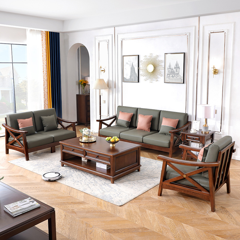 美式乡村实木沙发123茶几组合原木别墅客厅复古沙发皮靠一件代发