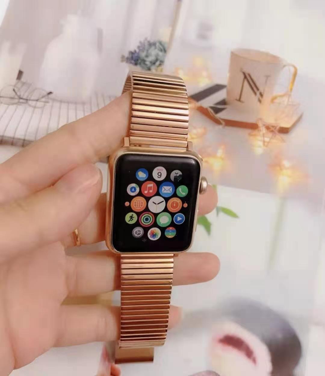 适用苹果apple watch6/5/4/3/2代细竹节卡扣不锈钢表带se男女腕带