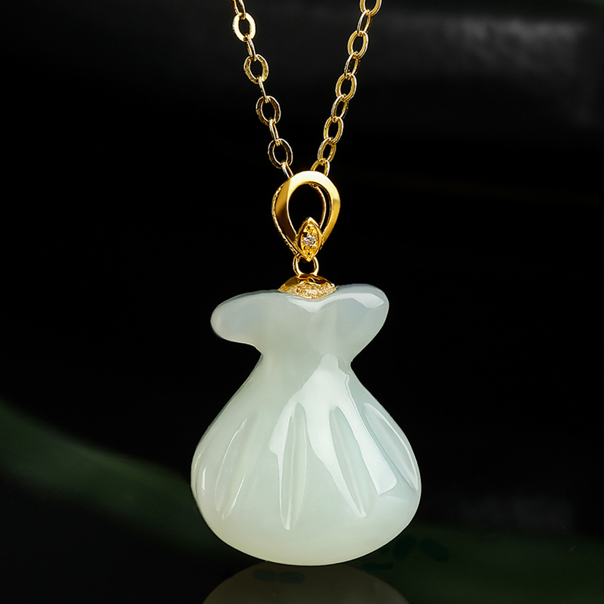 天然老料和田玉白玉福袋吊坠正品18k金镶玉石项链挂件男士女款