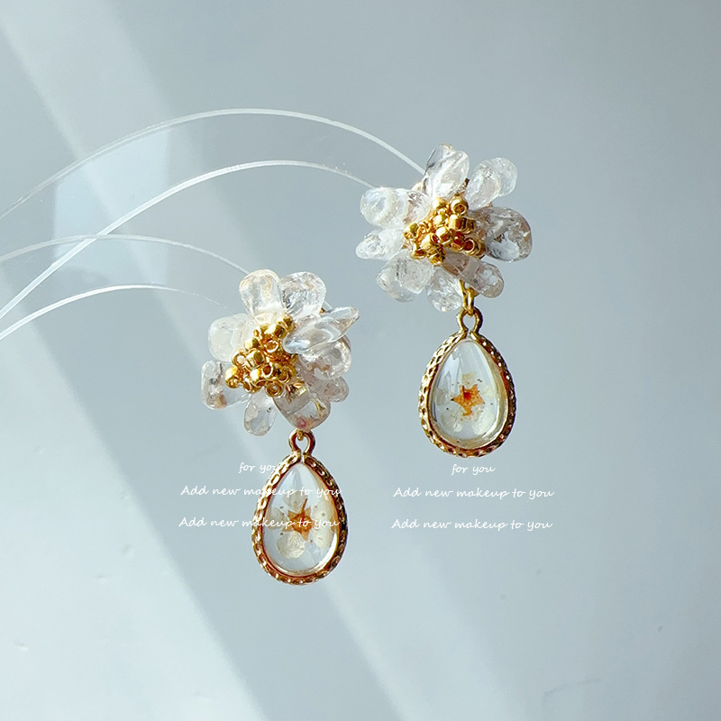 Original Berlin Flower Water Drop Ear Studs French Kernel Crystal Sense Quality Earrings Comes with Filter Dried Flower Ear Rings