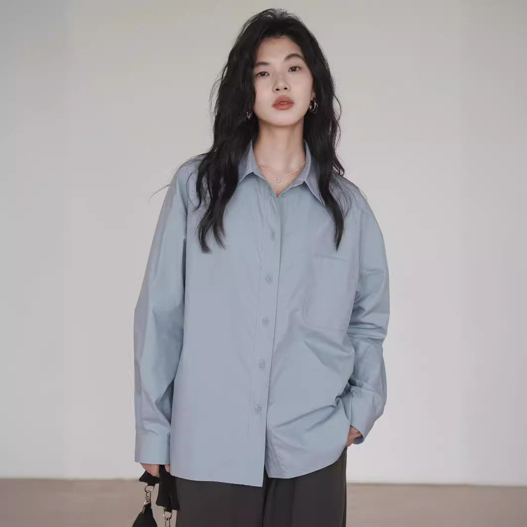 雾凇蓝色纯棉长袖衬衫新款衬衣女春秋季港风休闲设计感上衣-阿里巴巴