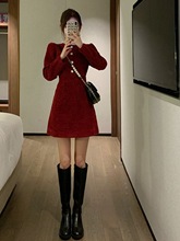 法式气质红色连衣裙短裙显身材宴会冬裙小个子内搭打底a字裙秋冬