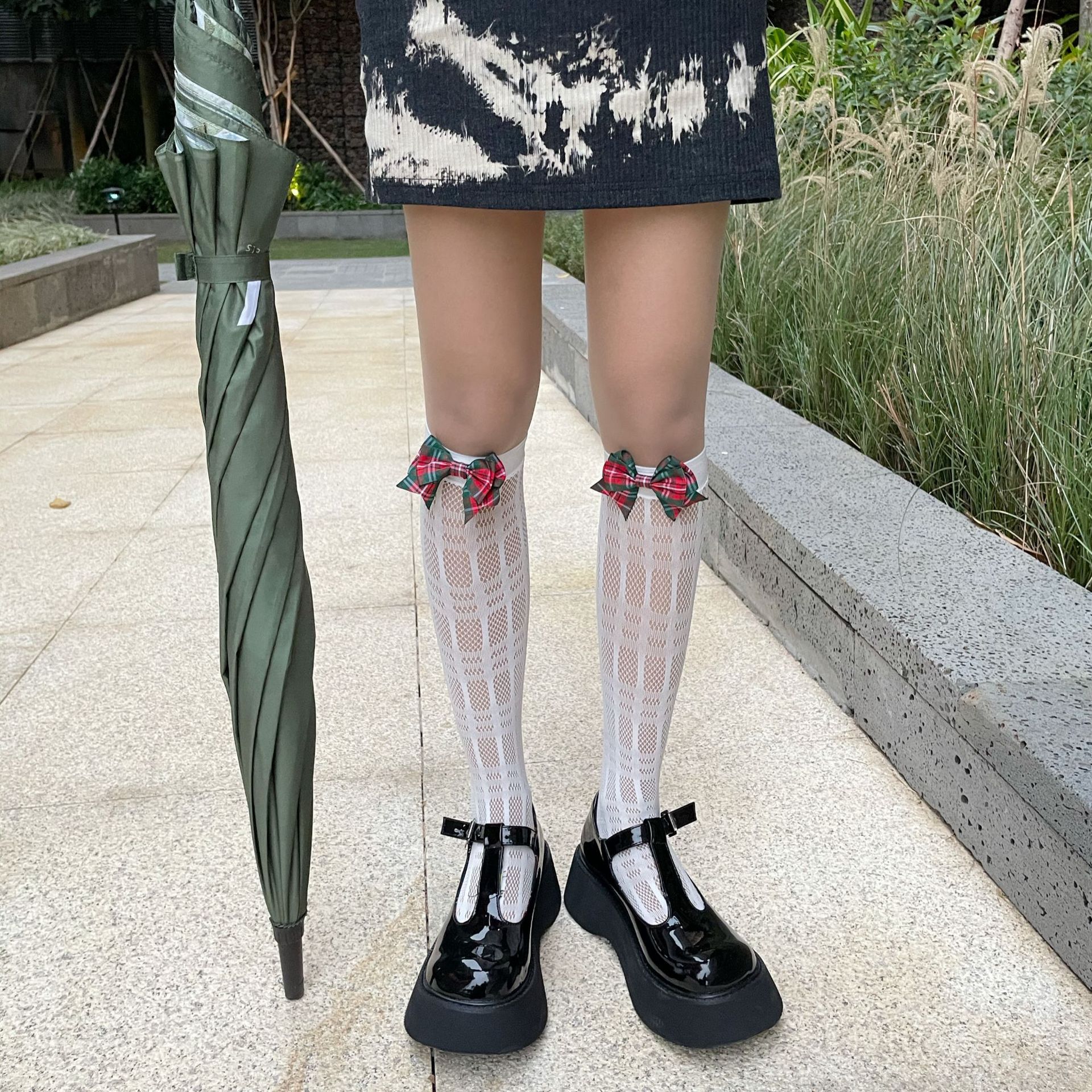 春夏新品日系甜美格子纹大蝴蝶结装饰网袜白色中筒洛丽塔jk小腿袜