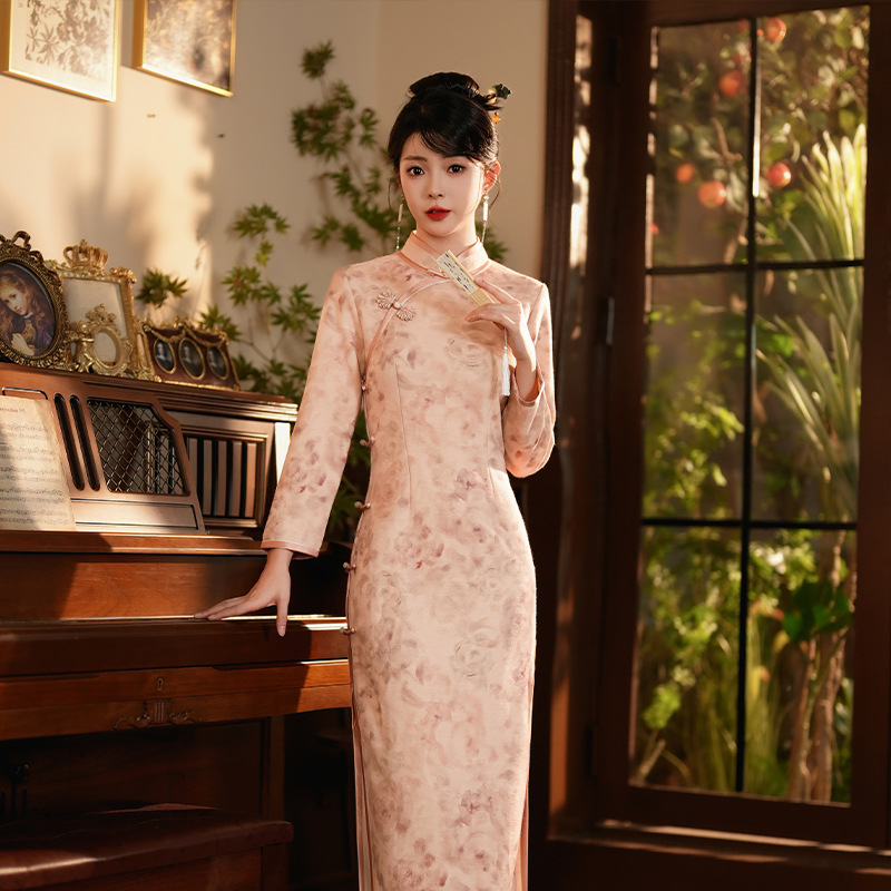 3187粉色日常旗袍秋季新款淑女旗袍羊毛麻小长款简丽美厂家批发