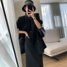 黑色西装外套女2023春装新款韩版时尚气质垂感不易皱包臀裙两件套