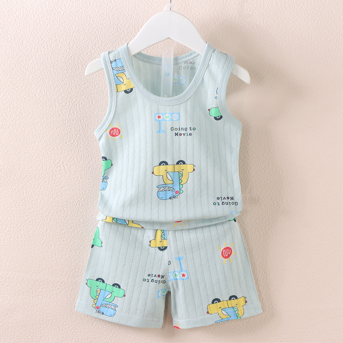 2023 Korean Style Children's Vest Suit New Boys and Girls Baby Cartoon Thin Sleeveless Tank Top Shorts Suit Fashion