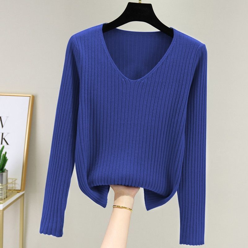 Spring New Long-Sleeved Bottoming Shirt Women's Inner V-neck Sweater Women's Loose Solid Color Top Short Autumn and Winter Sweater